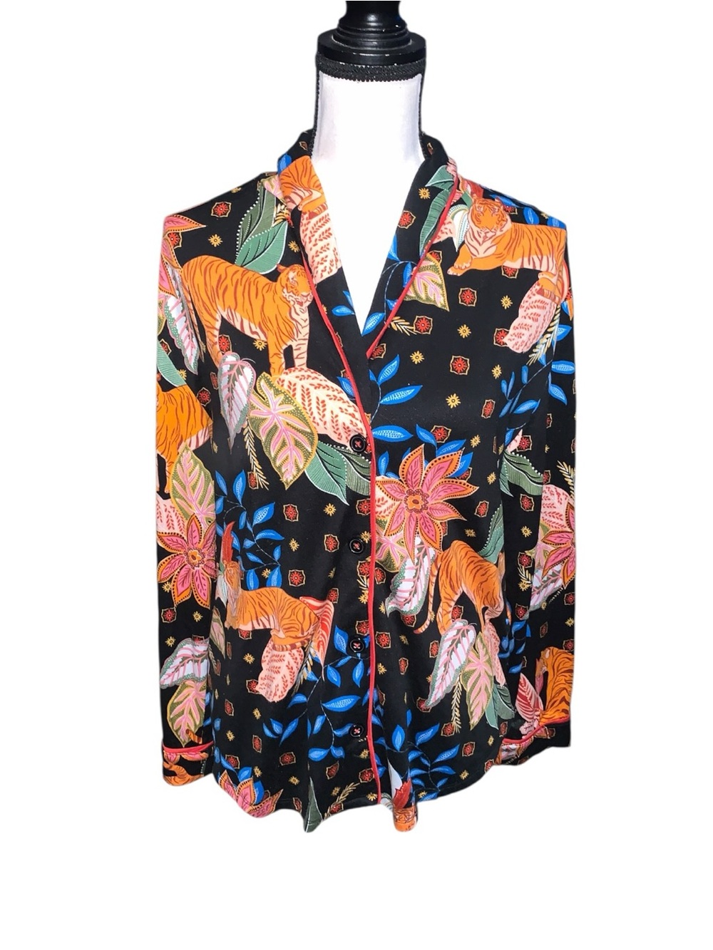 Room Service Loungewear Pajama Top Colorful Tiger Jungle Animal Button Down